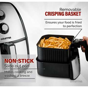 Gourmia GAF560 5 Quart Air Fryer - Oil Free Healthy Cooking - Adjustable Time and Temperature Dials - Removable Crisper Tray - Free Recipe Book Included