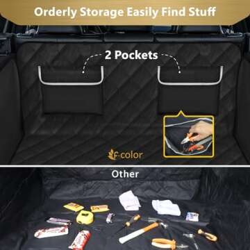 F-color SUV Cargo Liner for Dogs - Waterproof Pet Cargo Liner with Side Flaps, Comfort Dog Cargo Cover with Bumper Flap 2 Pockets, Scrachproof Non-slip Large Size Universal Fit SUVs Sedans Vans, Black