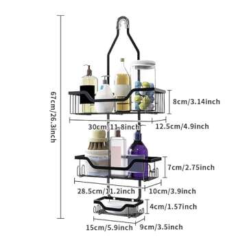 GAOKASE Shower Caddy Hanging, 3 Tier Rustproof Shower Organizer, Shower Rack with Baskets/Soap Basket, Hooks for Razor/Sponge, No Drilling Bathroom Organizer Over Showerhead - Black