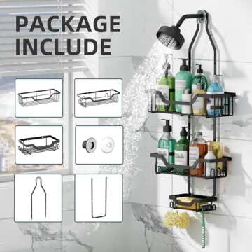 GAOKASE Shower Caddy Hanging, 3 Tier Rustproof Shower Organizer, Shower Rack with Baskets/Soap Basket, Hooks for Razor/Sponge, No Drilling Bathroom Organizer Over Showerhead - Black