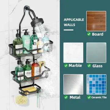 GAOKASE Shower Caddy Hanging, 3 Tier Rustproof Shower Organizer, Shower Rack with Baskets/Soap Basket, Hooks for Razor/Sponge, No Drilling Bathroom Organizer Over Showerhead - Black