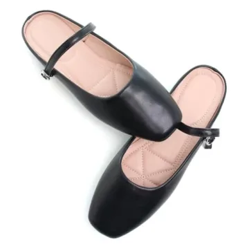 TN TANGNEST Women's Mary Jane Shoes Mules for Women Flats Retro One Line Strap Flats Cute Square Toe Backless Flat Mules Black 39(7)