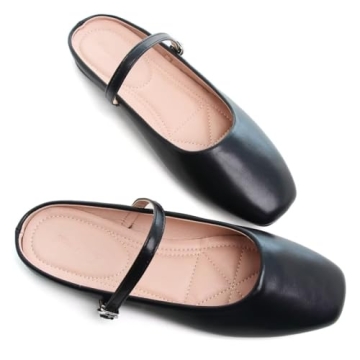 TN TANGNEST Women's Mary Jane Shoes Mules for Women Flats Retro One Line Strap Flats Cute Square Toe Backless Flat Mules Black 39(7)