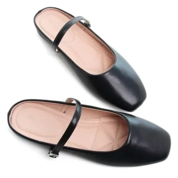 TN TANGNEST Women's Mary Jane Shoes Mules for Women Flats Retro One Line Strap Flats Cute Square Toe Backless Flat Mules Black 39(7)
