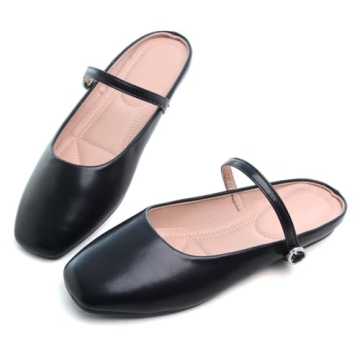 TN TANGNEST Women's Mary Jane Shoes Mules for Women Flats Retro One Line Strap Flats Cute Square Toe Backless Flat Mules Black 39(7)