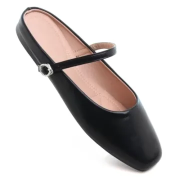 TN TANGNEST Women's Mary Jane Shoes Mules for Women Flats Retro One Line Strap Flats Cute Square Toe Backless Flat Mules Black 39(7)