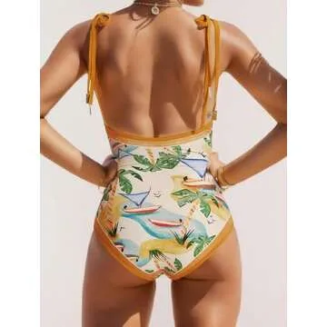 Reversible Floral Sexy One Piece Bathing Suit for Women One Piece Swimsuit Womens V Neck One Piece Swimsuits Yellow L