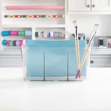 mDesign Plastic Portable Craft Storage Organizer Caddy Tote, Divided Basket Bin with Handle for Crafts, Sewing, Art Supplies - Holds Brushes, Colored Pencils - Lumiere Collection - 2 Pack - Clear