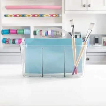 mDesign Plastic Portable Craft Storage Organizer Caddy Tote, Divided Basket Bin with Handle for Crafts, Sewing, Art Supplies - Holds Brushes, Colored Pencils - Lumiere Collection - 2 Pack - Clear