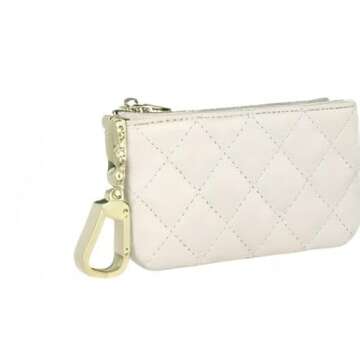 Premium Genuine Full Grain Leather Mini Coin Purse Keychain Pouch Card Holder for Men Women (Beige Quilted), JK220009