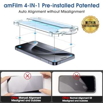amFilm Easiest Installation OneTouch for iPhone 15 Pro Max Screen Protector [6.7 Inch] Tempered Glas...