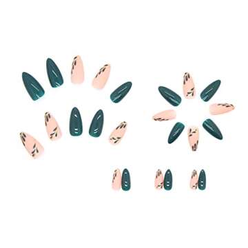 24 Pcs French Tip Press on Nails Medium Acrylic Nails Almond Fake Nails Green Nails Leaf Gold Foil Designs False Nails Matte Artificial Nails Full Cover Nails For Women and Girls Nail Art Decorations