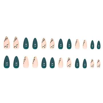 24 Pcs French Tip Press on Nails Medium Acrylic Nails Almond Fake Nails Green Nails Leaf Gold Foil Designs False Nails Matte Artificial Nails Full Cover Nails For Women and Girls Nail Art Decorations