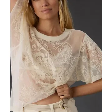 OPCAKM Women's Mesh Tops Y2K Short Sleeve Sheer Lace Embroidered Shirts Layering See Through Blouse(White-M)