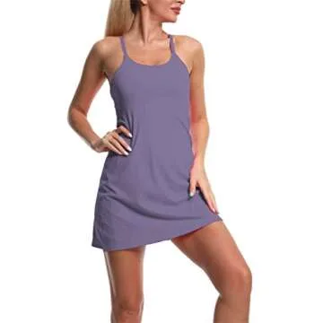 Women's Exercise Sleeveless Dress Tennis Golf Workout Dress with Pockets Built-in Shorts & Bra Yoga ...