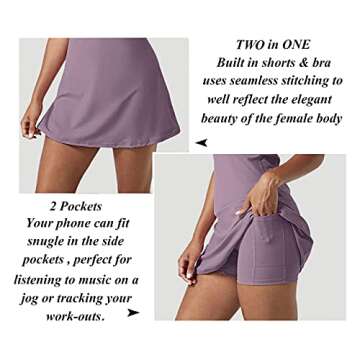 Women's Exercise Sleeveless Dress Tennis Golf Workout Dress with Pockets Built-in Shorts & Bra Yoga Sports Athletic Dress (Adjustable Purple, M)