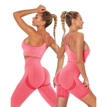 3 Piece Workout Sets for Women Scrunch Butt Lift Leggings Shorts with Pleated Strappy Sports Bra Active Outfits (Pink- 3 Piece,M)