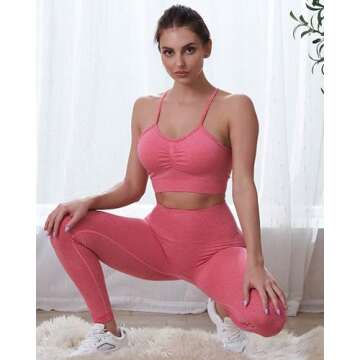 3 Piece Workout Sets for Women Scrunch Butt Lift Leggings Shorts with Pleated Strappy Sports Bra Active Outfits (Pink- 3 Piece,M)