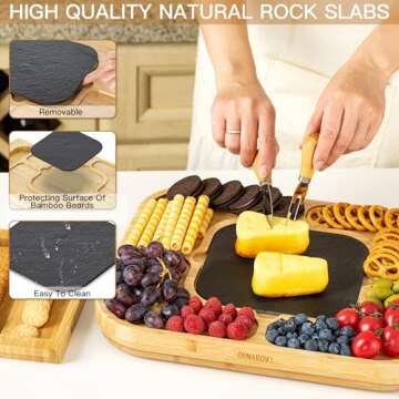 ORNAROVI Cheese Boards Charcuterie Boards Gift Set, Bamboo Cheese Board and Knife Set with Cutting Slate, Wood Charcuterie Board Set for Kitchen, Housewarming Serving Platter