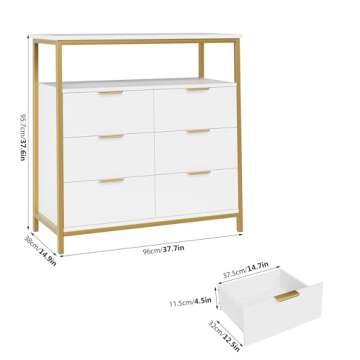 FACBOTALL Modern White Dresser, 6 Drawer Dresser with Shelf, Wood Chest of Drawers with Sturdy Steel Frame, Large Capacity 6 Drawer Dresser for Living Room Home