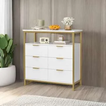 FACBOTALL Modern White Dresser, 6 Drawer Dresser with Shelf, Wood Chest of Drawers with Sturdy Steel Frame, Large Capacity 6 Drawer Dresser for Living Room Home