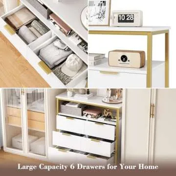 FACBOTALL Modern White Dresser, 6 Drawer Dresser with Shelf, Wood Chest of Drawers with Sturdy Steel Frame, Large Capacity 6 Drawer Dresser for Living Room Home
