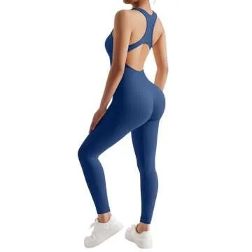 RXRXCOCO Women Backless One Piece Jumpsuits Sleeveless Scoop Neck Bodycon Romper Seamless Workout Yoga Jumpsuits Dark Blue Small