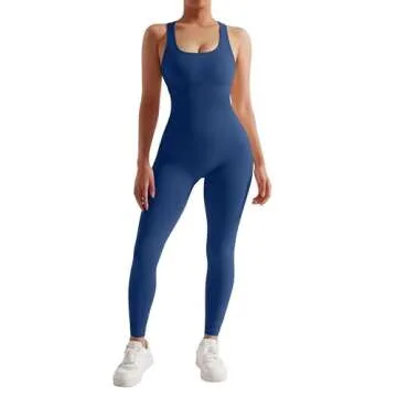 RXRXCOCO Women Backless One Piece Jumpsuits Sleeveless Scoop Neck Bodycon Romper Seamless Workout Yoga Jumpsuits Dark Blue Small