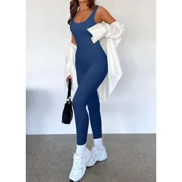 RXRXCOCO Women Backless One Piece Jumpsuits Sleeveless Scoop Neck Bodycon Romper Seamless Workout Yoga Jumpsuits Dark Blue Small