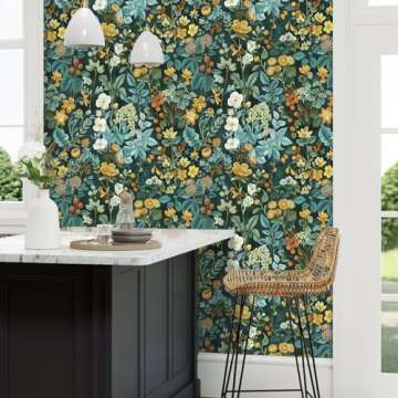Jeweluck Floral Peel and Stick Wallpaper Vintage Floral Contact Paper 16.1inch x 118.1inch Leaf Flor...