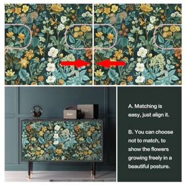 Jeweluck Floral Peel and Stick Wallpaper Vintage Floral Contact Paper 16.1inch x 118.1inch Leaf Floral Wallpaper Green Wallpaper Boho Contact Paper Removable Self Adhesive Wallpaper for Cabinets