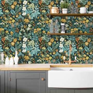 Jeweluck Floral Peel and Stick Wallpaper Vintage Floral Contact Paper 16.1inch x 118.1inch Leaf Floral Wallpaper Green Wallpaper Boho Contact Paper Removable Self Adhesive Wallpaper for Cabinets
