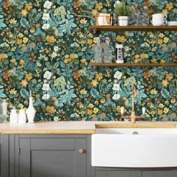 Jeweluck Floral Peel and Stick Wallpaper Vintage Floral Contact Paper 16.1inch x 118.1inch Leaf Floral Wallpaper Green Wallpaper Boho Contact Paper Removable Self Adhesive Wallpaper for Cabinets