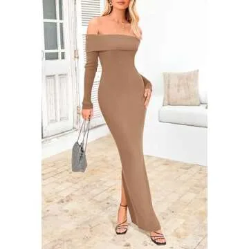 PRETTYGARDEN Women's Winter Sweater Dress Long Sleeve Off Shoulder Slit Maxi Bodycon Cocktail Party Dresses (Khaki,Small)