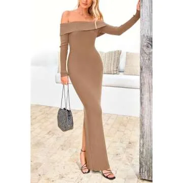 PRETTYGARDEN Women's Winter Sweater Dress Long Sleeve Off Shoulder Slit Maxi Bodycon Cocktail Party Dresses (Khaki,Small)