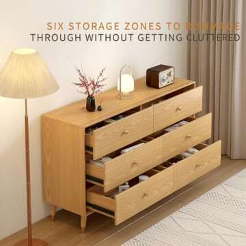 Messenya 6 Drawer Dresser for Bedroom Furniture.Wood Dressers & chests of Drawers.Beveled Edge Design, Hand-Polished.Bedroom Storage and Dresser Organizer for Bedroom, Hallway (Oak Color)