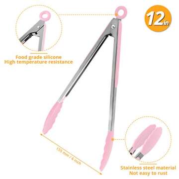 MJIYA Silicone Kitchen Tongs, High Heat Resistant to 480°F, Stainless Steel with Non-Stick Silicone Tips (12 inch, Pink)