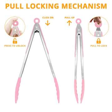 MJIYA Silicone Kitchen Tongs, High Heat Resistant to 480°F, Stainless Steel with Non-Stick Silicone Tips (12 inch, Pink)