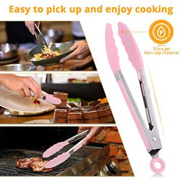 MJIYA Silicone Kitchen Tongs, High Heat Resistant to 480°F, Stainless Steel with Non-Stick Silicone Tips (12 inch, Pink)