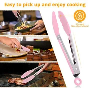 MJIYA Silicone Kitchen Tongs, High Heat Resistant to 480°F, Stainless Steel with Non-Stick Silicone Tips (12 inch, Pink)