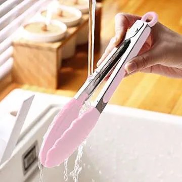 MJIYA Silicone Kitchen Tongs, High Heat Resistant to 480°F, Stainless Steel with Non-Stick Silicone Tips (12 inch, Pink)