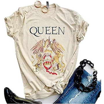 Womens Band Shirts Short Sleeve Vintage Graphic Tees Summer Casual Tops (Small, Beige)