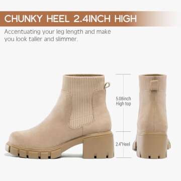 FITORY Women's Ankle Boots Comfy Chelsea Mid Heel Elastic Chunky Heel Lug Sole Booties Beige Size 8