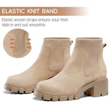 FITORY Women's Ankle Boots Comfy Chelsea Mid Heel Elastic Chunky Heel Lug Sole Booties Beige Size 8