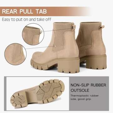 FITORY Women's Ankle Boots Comfy Chelsea Mid Heel Elastic Chunky Heel Lug Sole Booties Beige Size 8