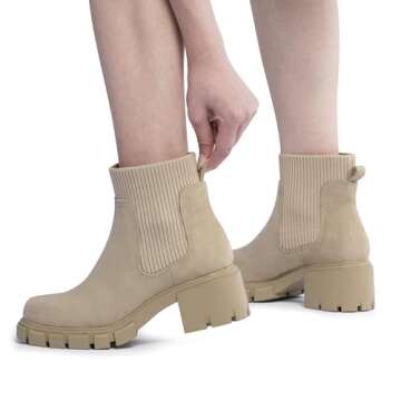 FITORY Women's Ankle Boots Comfy Chelsea Mid Heel Elastic Chunky Heel Lug Sole Booties Beige Size 8