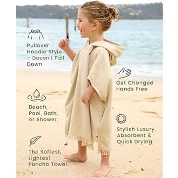 WILLOW + SIM Hooded Towel for Babies and Toddlers - Oversized Poncho Toddler Towel, Beach Towels w/Pockets, Fast-Drying Bath Towel with Hood for Boys & Girls Ages 18 Months - 3 Years (Parchment)