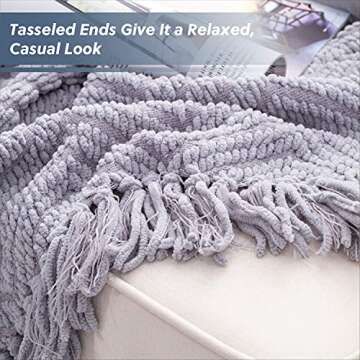 Bedsure Throw Blankets for Couch - Textured Knit Woven Chenille Blanket - Super Soft, Warm Decorative Boho Throw with Tassels for Bed, Sofa and Living Room, Grey, 50x60 Inches