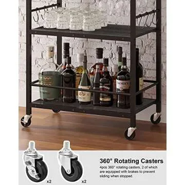 TUTOTAK Bar Cart - Serving Cart for Home - Microwave Cart, Drink Cart, Mobile Kitchen Shelf with Wine Rack and Glass Holder, Rolling Beverage Cart BC01BK030