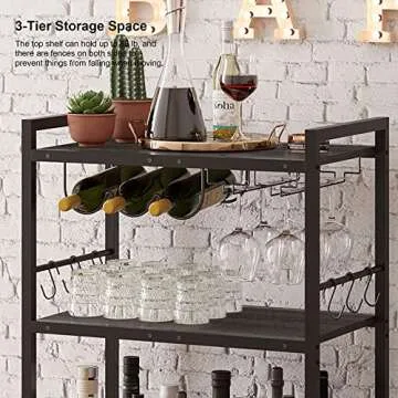 TUTOTAK Bar Cart - Serving Cart for Home - Microwave Cart, Drink Cart, Mobile Kitchen Shelf with Wine Rack and Glass Holder, Rolling Beverage Cart BC01BK030